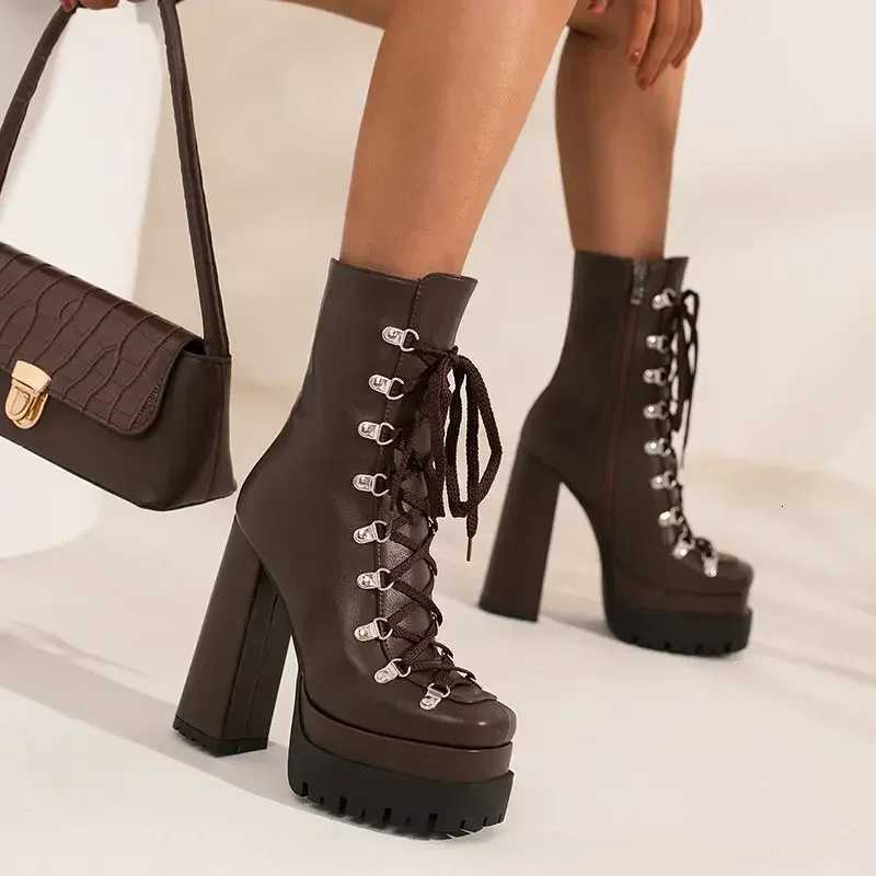 Modern Western Mature Punk Goth Female Winter Super Block High Heeled Shoes Square Toe Laceup Platform Heels Boots W250902