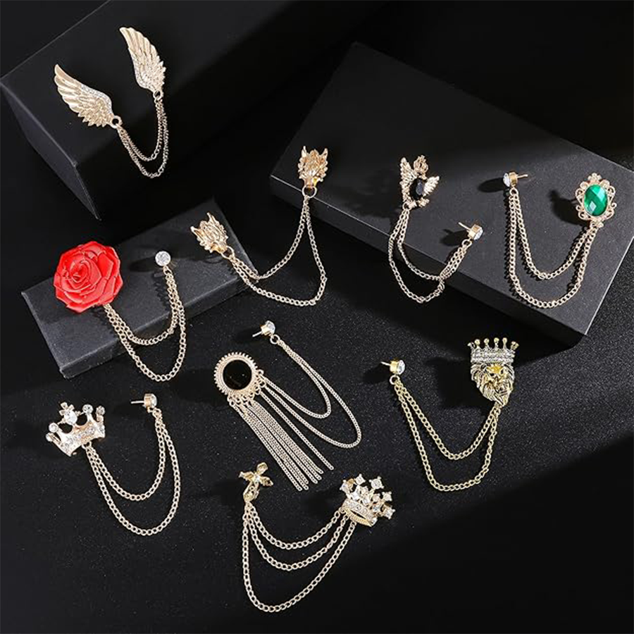 9Pcs Tassel Chain Brooch Collar Pins Rose Flower Rhinestone Angel Wings Wolf Head Hanging Chains for Suit Lapel Tuxedo Shirts Tie Brooch Pin Fashion J