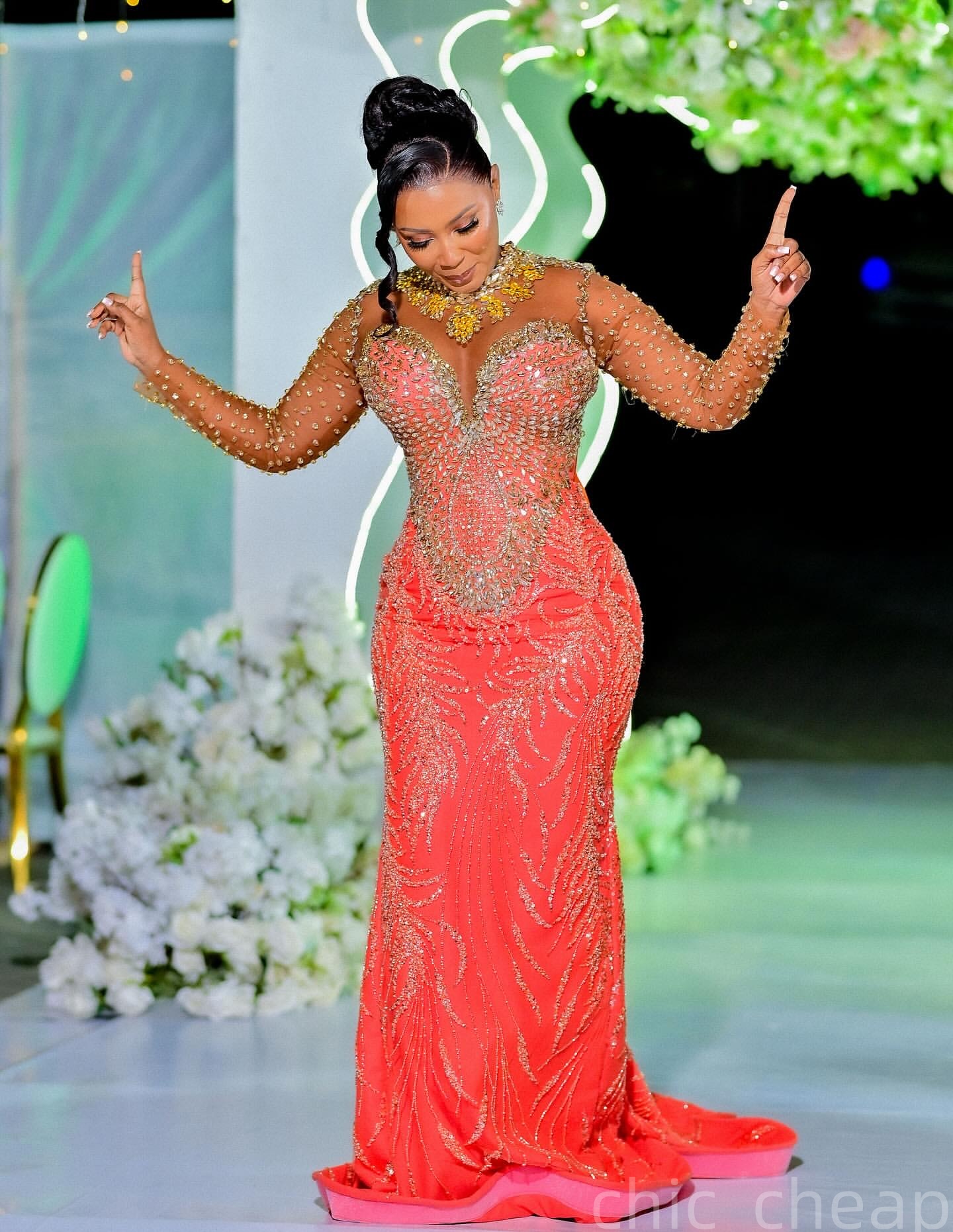 Aso Ebi Water Melon Mermaid Prom Dresses 2025 Crystals Beaded Sheer Neck Evening Formal Party Second Birthday Engagement Gowns Plus Size Dress For Spe