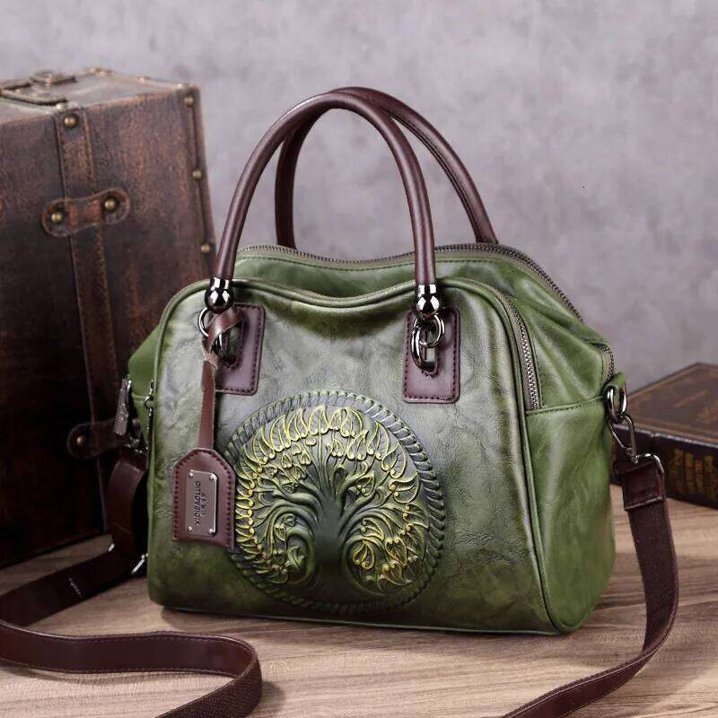 Vintage Leather Crossbody Women's Emed Handmade Tote Shoulder Bag Large Capacity Anti-Theft Purse
