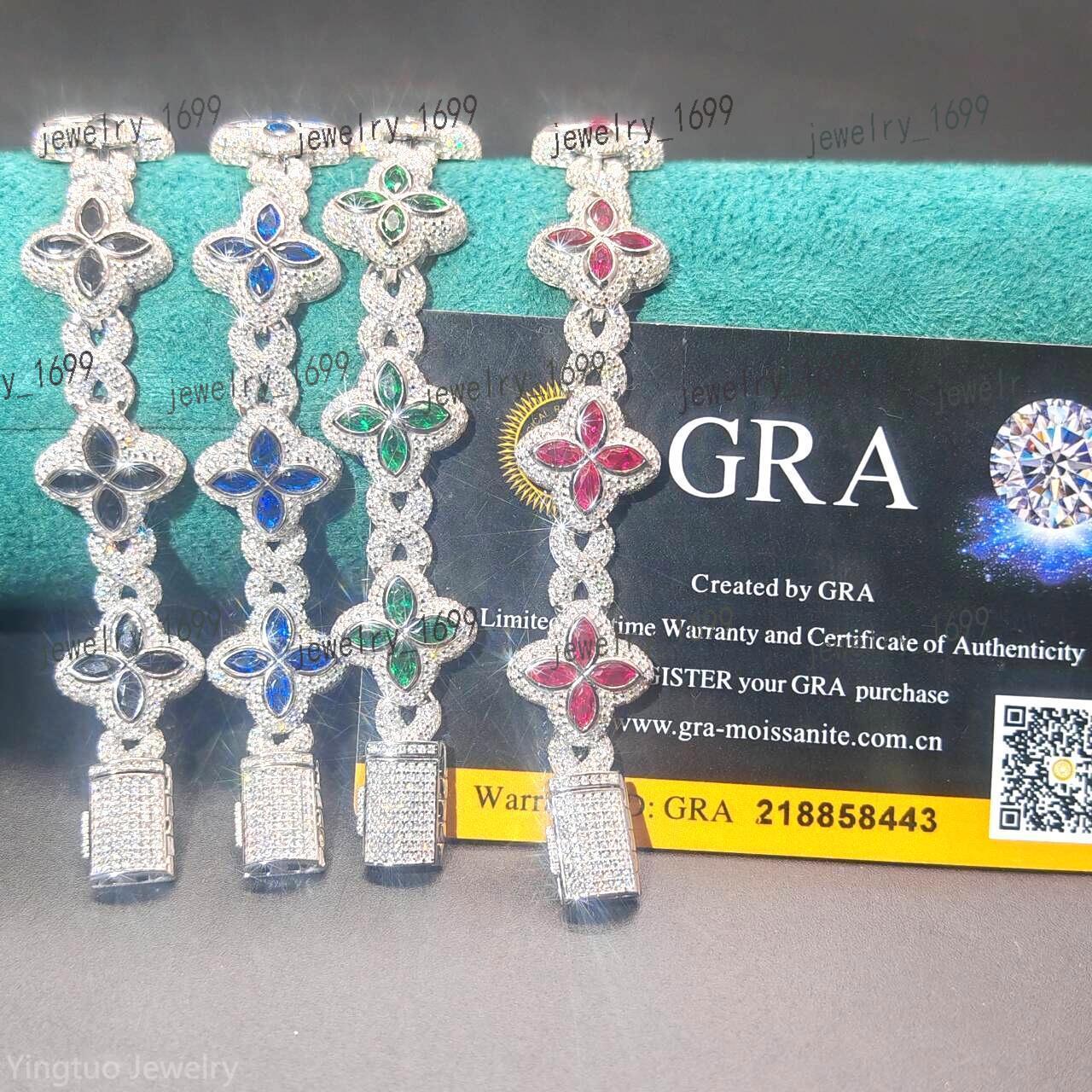 Designer bracelet Luxury Hip Hop Jewelry Colorful Moissanite Iced Out S925 Silver Shamrock tennis bracelet Cuban Clover Bracelet