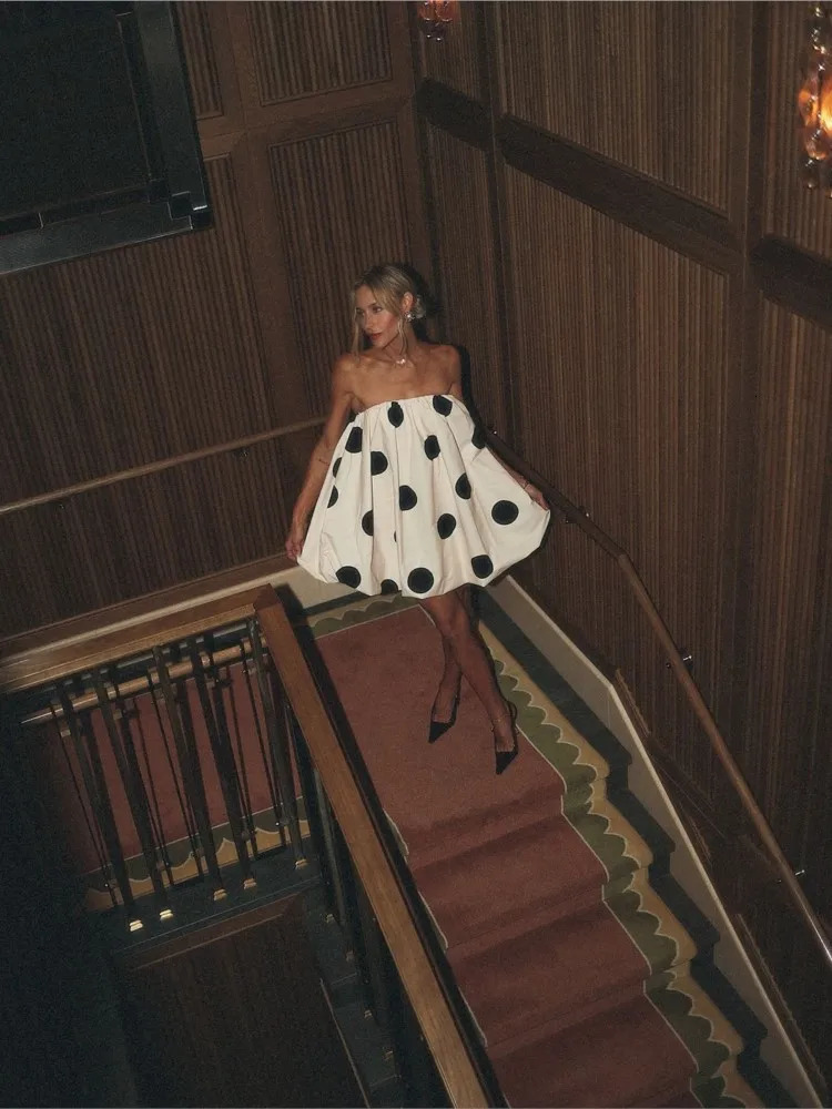 Fashion Polka Dot Dresses Women Summer Sexy Strapless Sleeveless Mini Vestidos Elegant Classic Pleated Female Party Outfits 250902