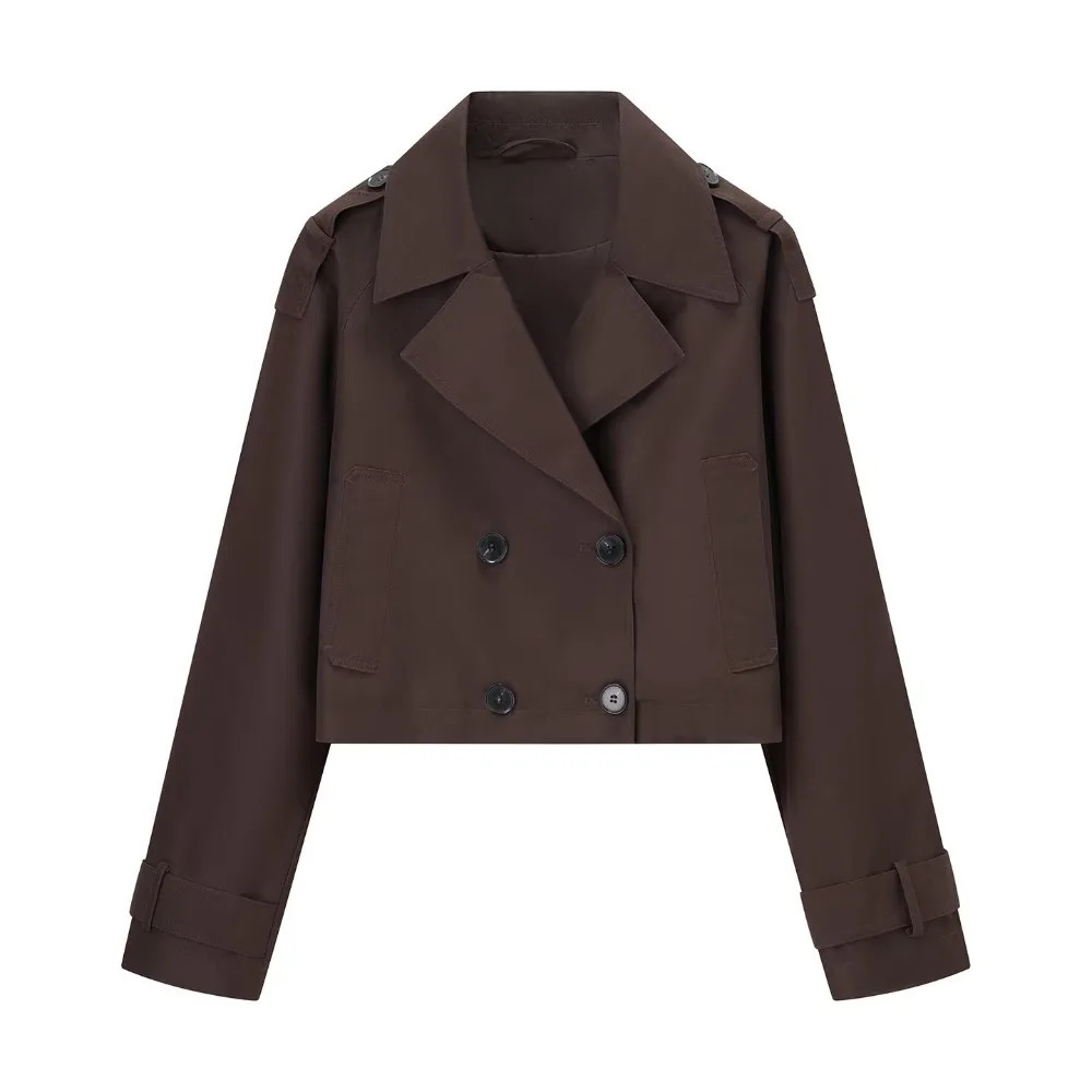 TRAFZR Brown Trench Coat Woman Long Sleeve Urban Solid Cropped Womens Casual Classic 2025 Trend Jackets Outerwears 250823