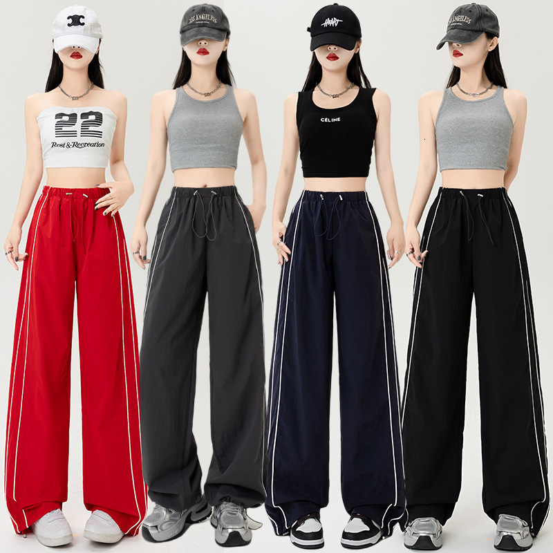 American Style QuickDry Cargo Pants for Women 2025 Summer Drawstring Jogger StraightLeg Loose Casual WideLeg Pants 241007