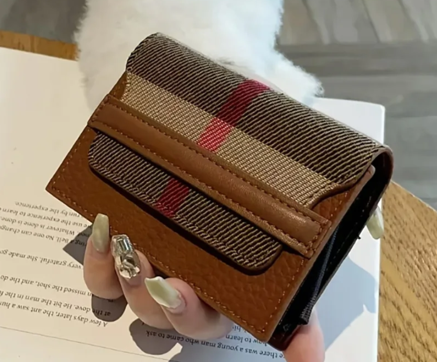 2025 new retro style wallet with double zippers, spacious keys, coin designer trendy wallet, beige, red checkered design, polyester lining