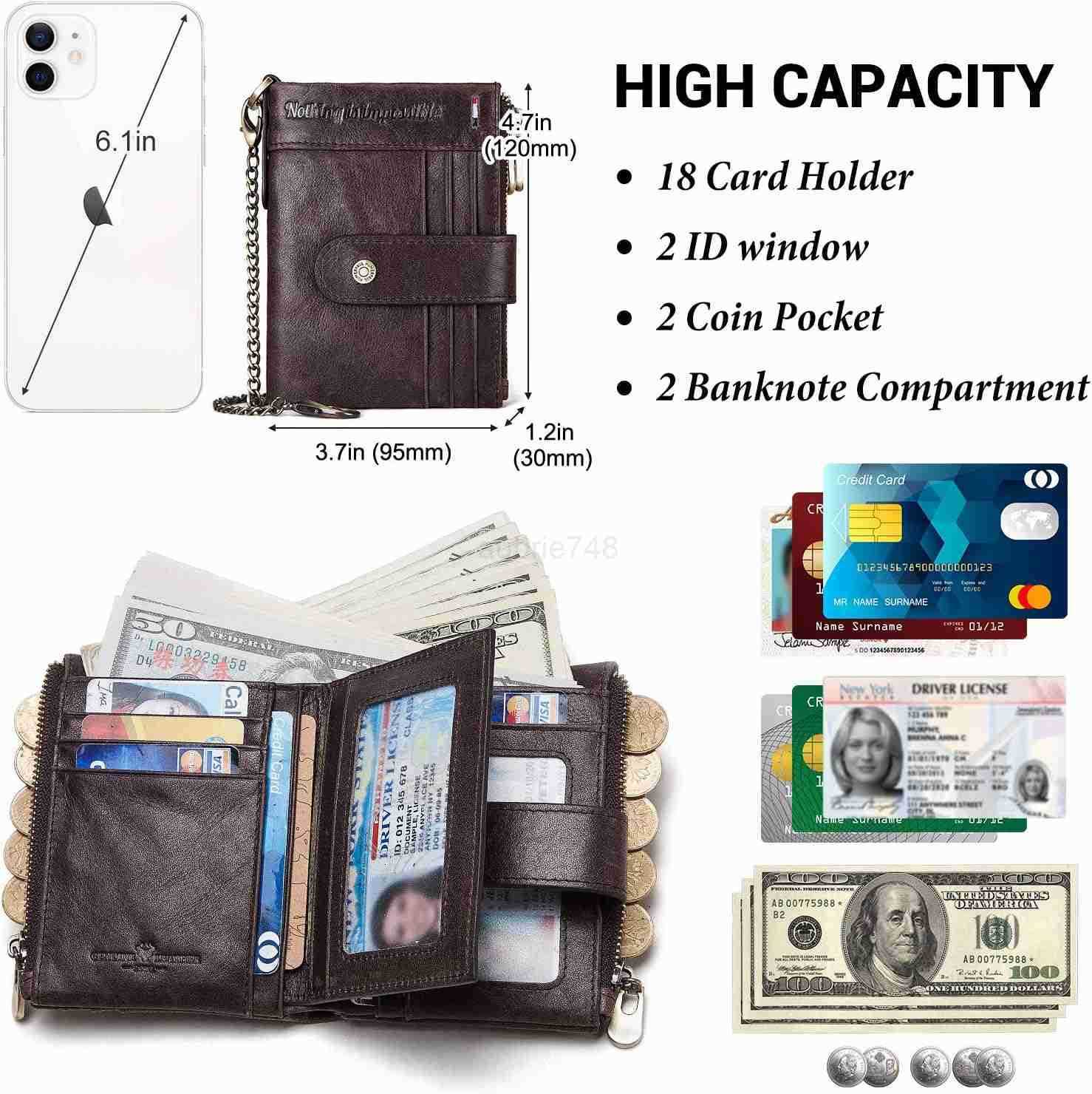 Chain Wallets RFID Wallets for Men Genuine Leather Wallet Zipper Bifold Wallet for Work Travel Outdoors With ID Window and Coin PurseZ250911