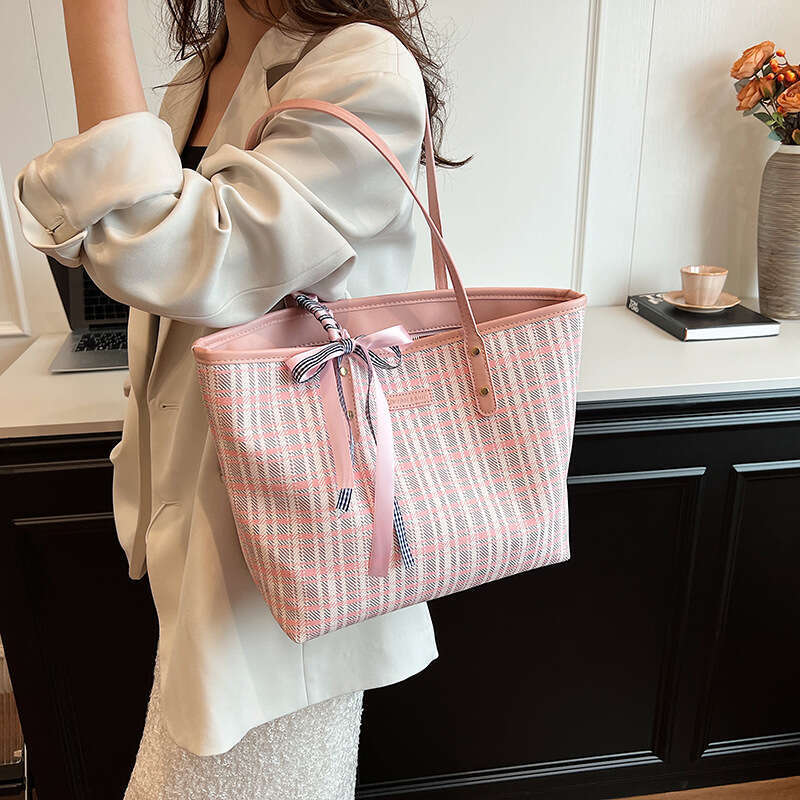 DHpet_wholesale Women's Plaid Tote Bag - Large Capacity Shoulder Bag for Work Commute, Fashionable Big Purse with Double Straps, Pink & Blue