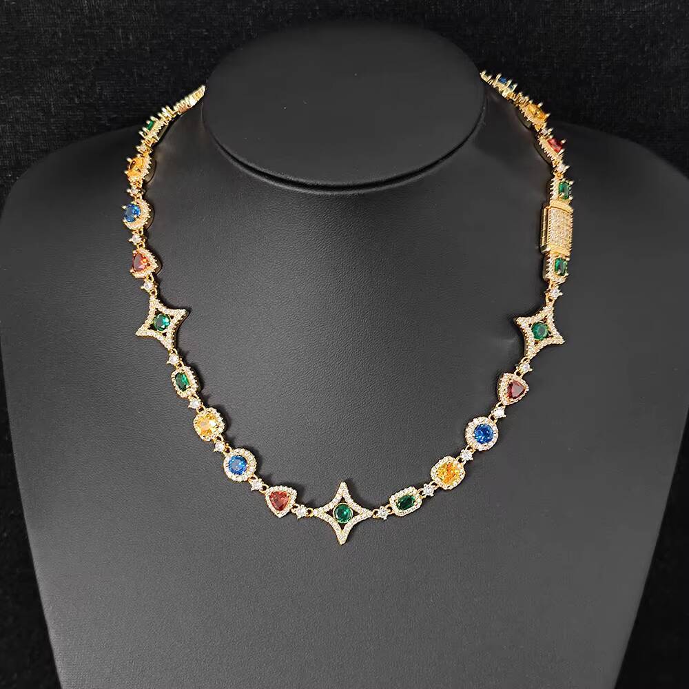 NUOYA Geometric Link Necklace New Collection Colorful Moissanite Stones Colored Gemstone Motif Chain Hip Hop Jewelry