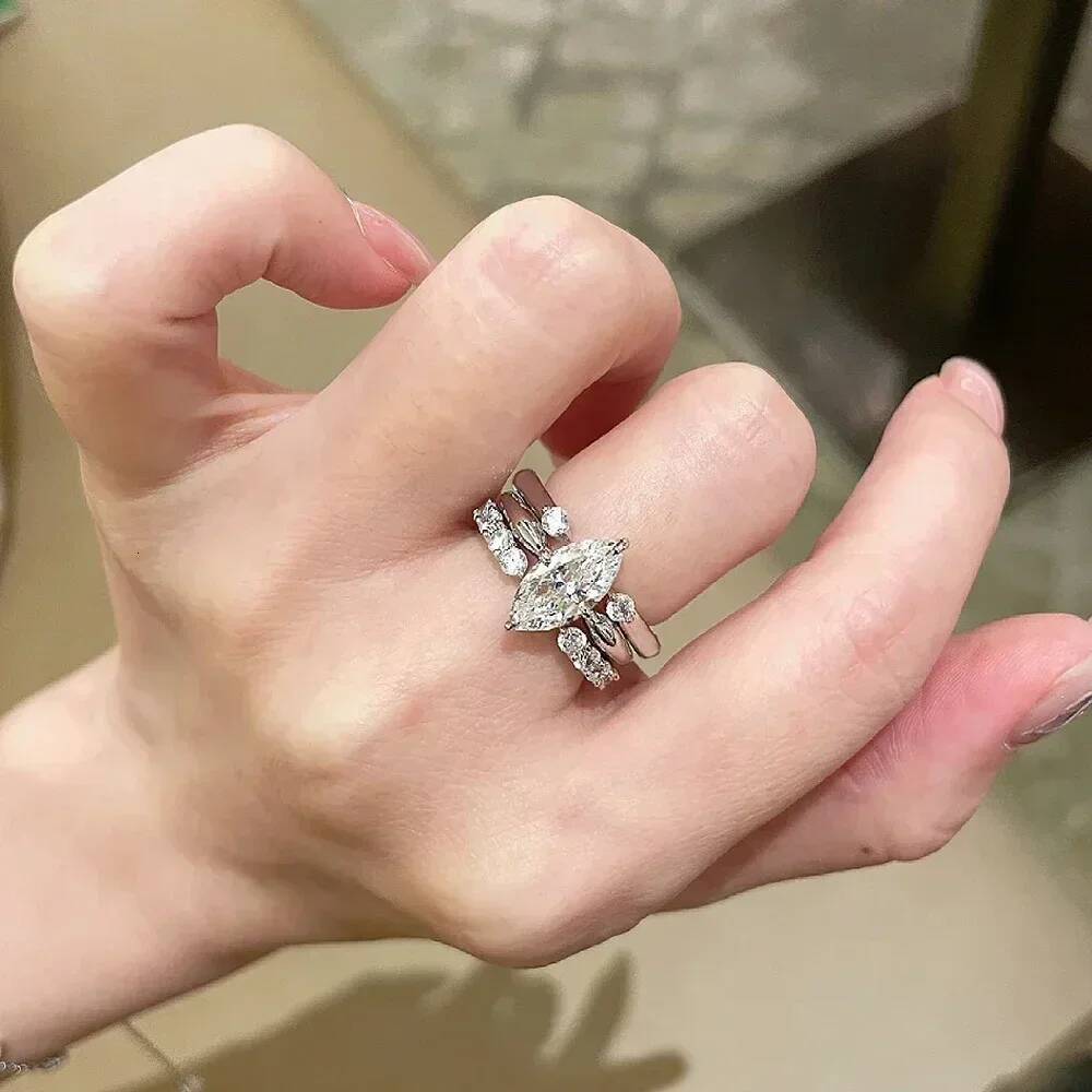 Gra Certified Full Moissanite Wedding Bridal Rings Set for Women 925 Silver Marquise Cut Diamond Engagement Ring Eternity Band