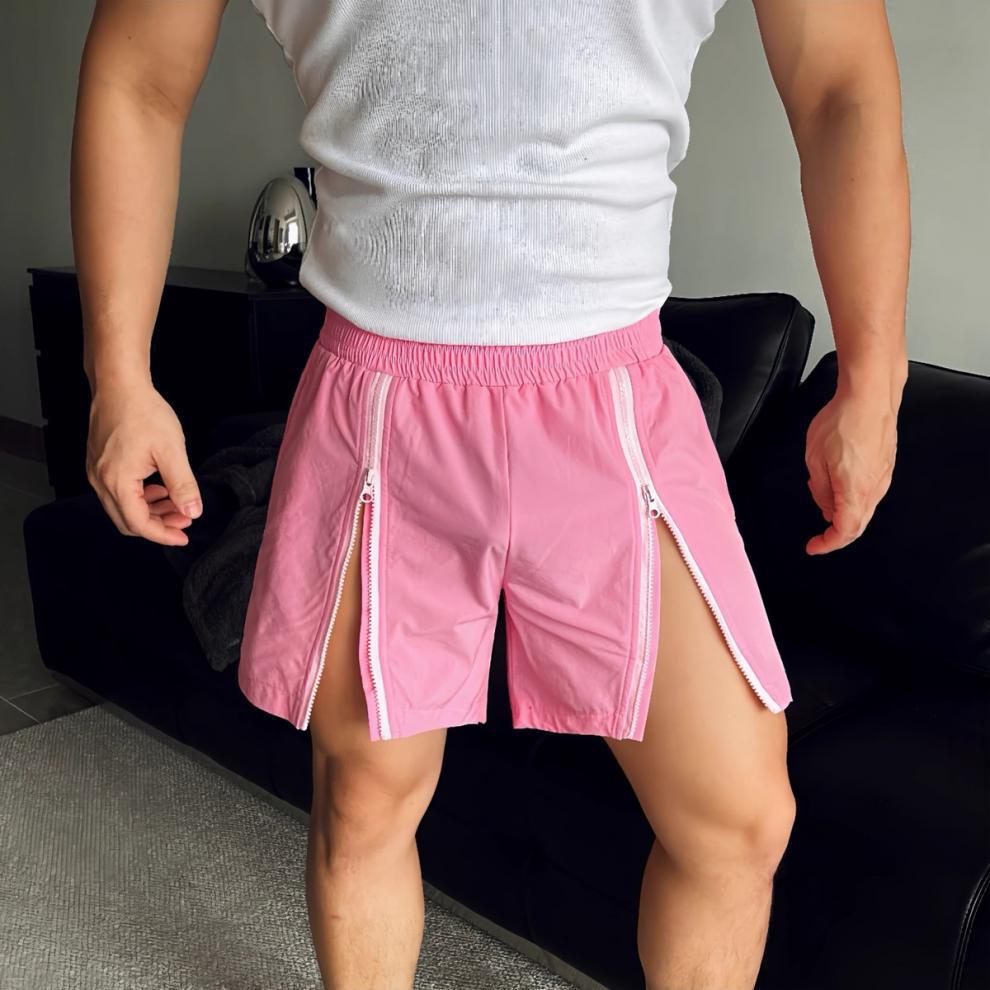 Men's Shorts Summer Sports Fitness Shorts for Men Elastic Waist Double Zipper Thigh Muscles Display Short Pants Beach Casual Quarter Pants