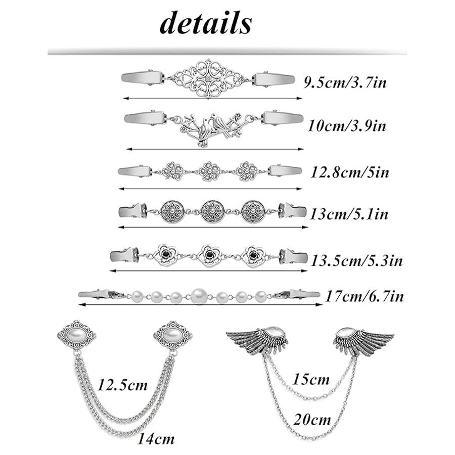 12pcs Vintage Sweater Shawl Clips Retro Cardigan Collar Shirt Waist Dresses Chain Clip Antique Flowers Pattern Brooch Pins Women