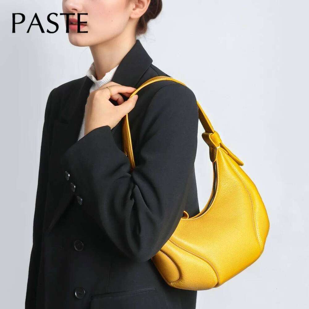 New Designer Lemon Yellow Baseball Element Women Tote Soft Genuine Cow Leather Female Handbag Leisure Underarm Shoulder Bag 250829