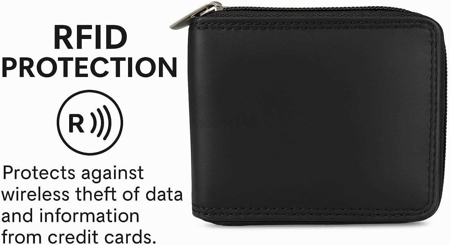 Mens Zipper RFID Blocking Premium Leather ZipAround ID Bifold Wallet BlackZ250911