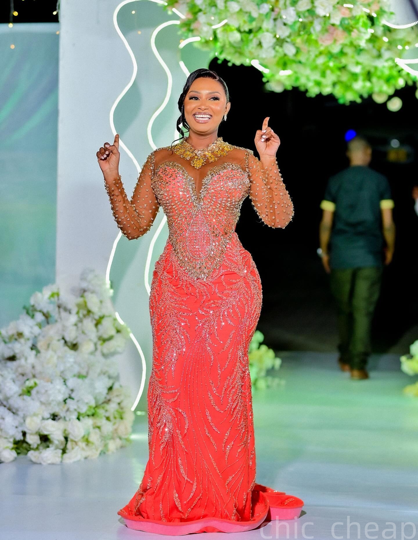 Aso Ebi Water Melon Mermaid Prom Dresses 2025 Crystals Beaded Sheer Neck Evening Formal Party Second Birthday Engagement Gowns Plus Size Dress For Spe