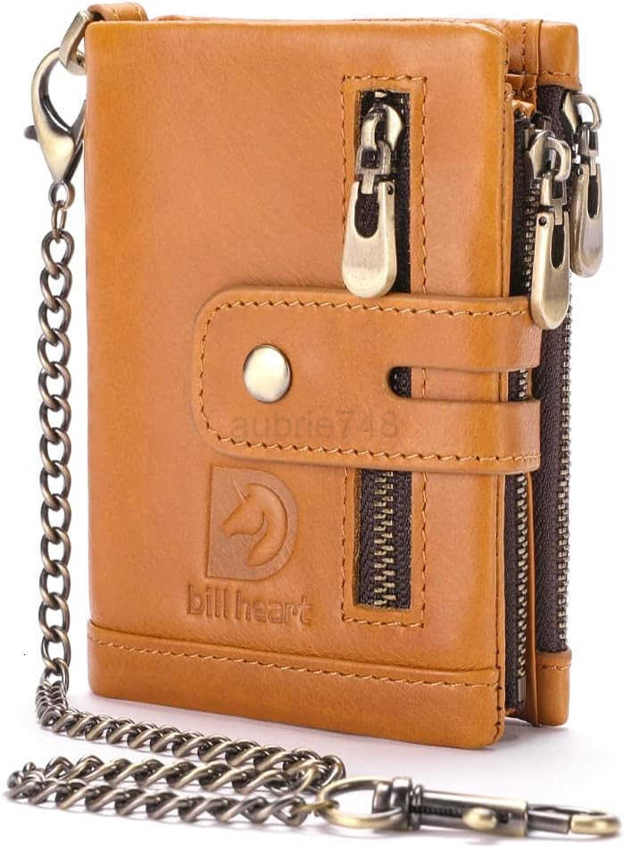 Mens Wallet with Chain Genuine Leather Purse RFID Blocking Bifold Double Zipper Coin Pocket with AntiTheft ChainZ250911