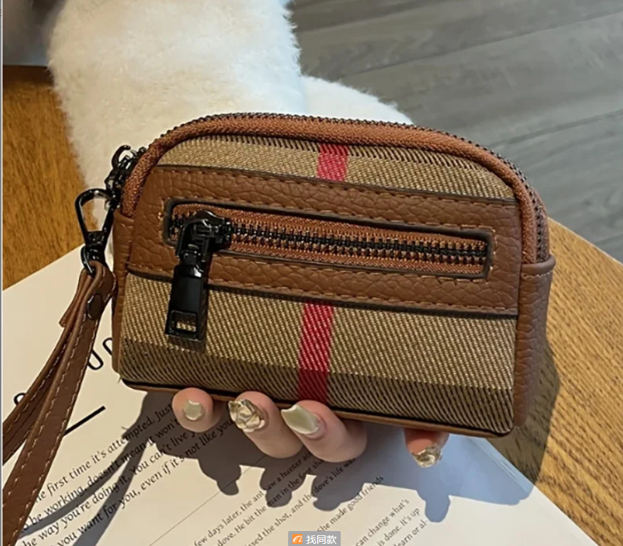 2025 new retro style wallet with double zippers, spacious keys, coin designer trendy wallet, beige, red checkered design, polyester lining