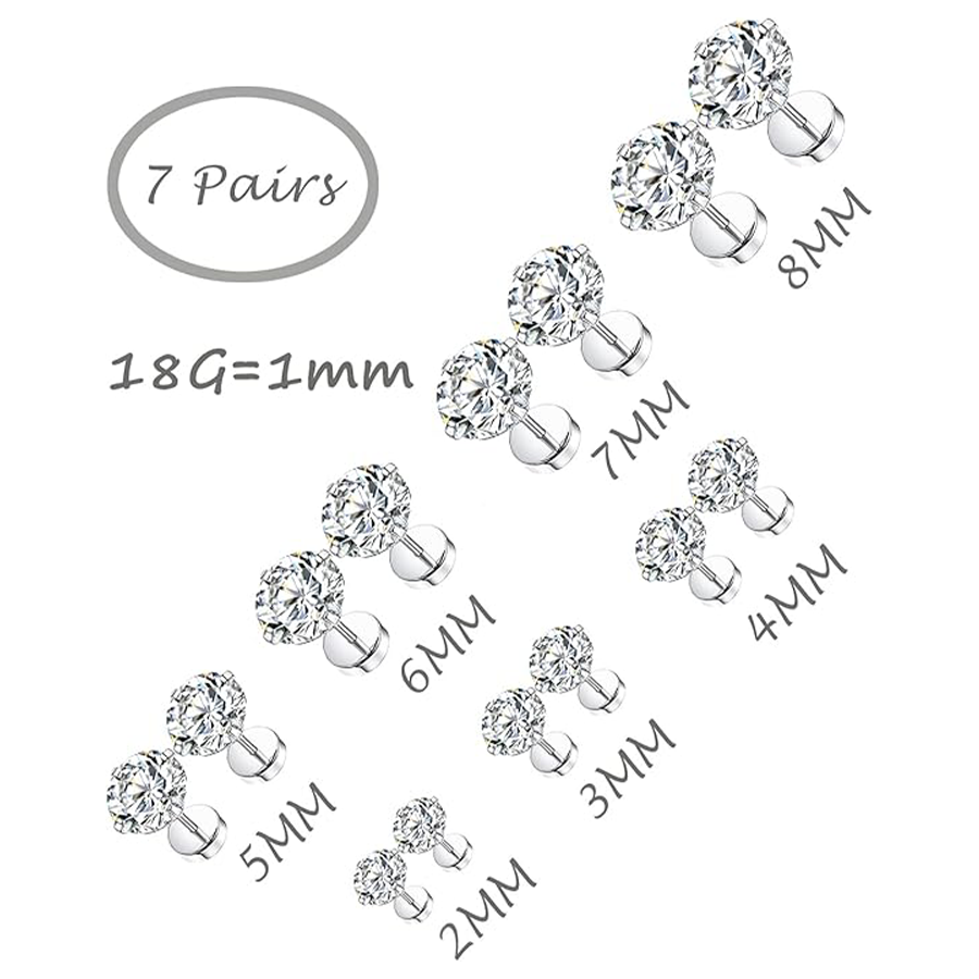 7 Pairs 18G Stainless Steel Stud Earrings Screw Back Round Cubic Zirconia Barbell Earring Set For Men Women 2MM-8MM Silver Tone