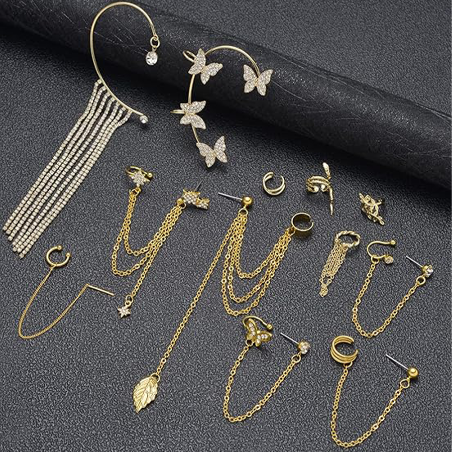 17Pcs Ear Cuffs Chain Earrings Snake Butterfly Leaf Non Piercing Clip on Earring Fake Helix Cartilage Earrings Ear Clip Jewelry Gold Tone