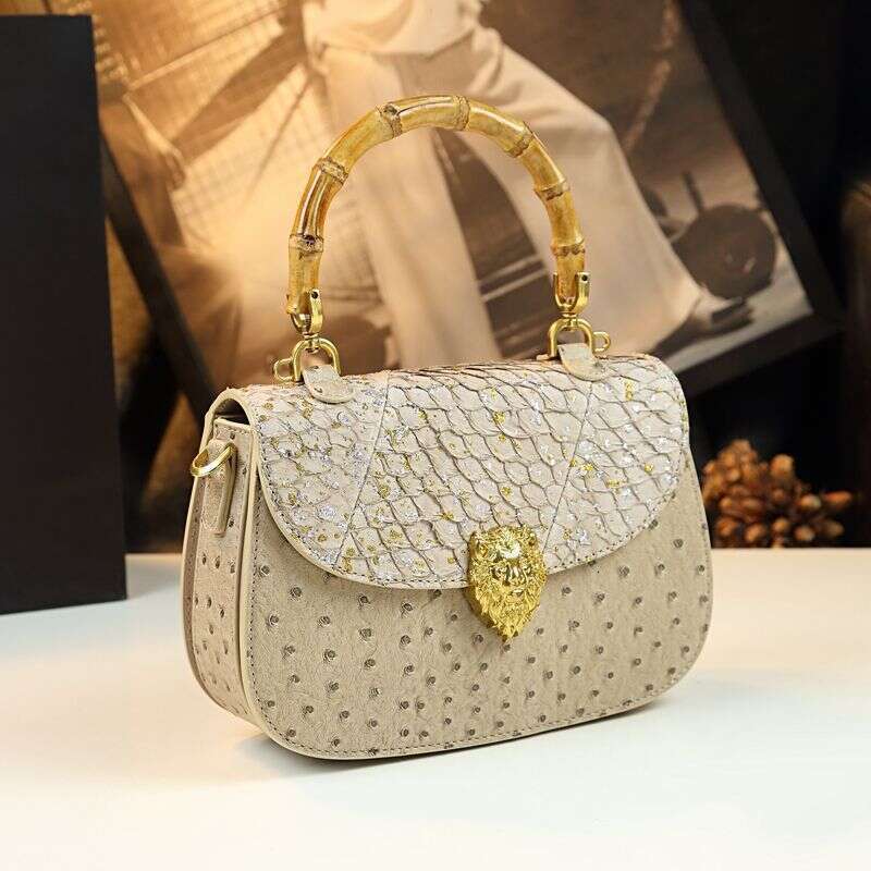 Genuine Leather Women's Shoulder Bamboo Knot Bag Spring New Ostrich Pattern Saddle Fashion High-end Light Luxury Handbag