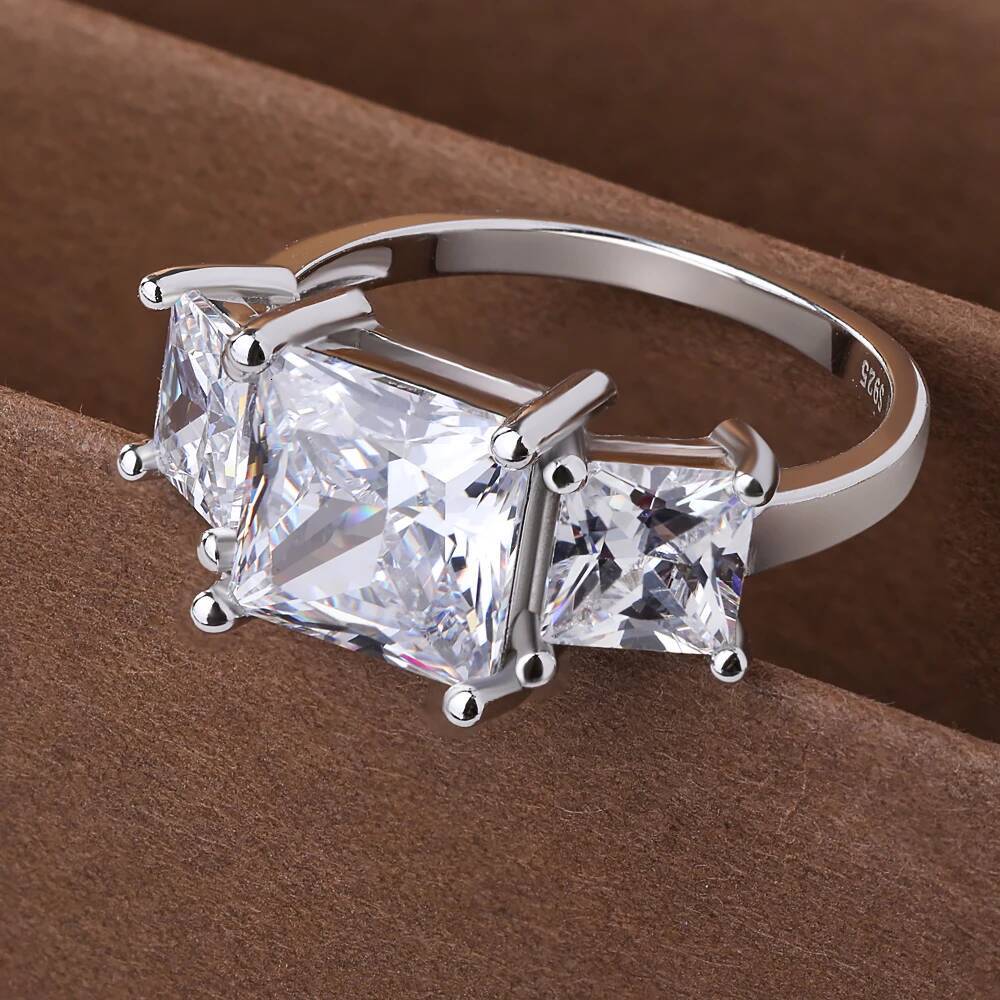 64Cttw Princess Cut Full Moissanite Engagement Ring with Certificates S925 Silver 3Stone Lab Diamond Wedding Rings for Women