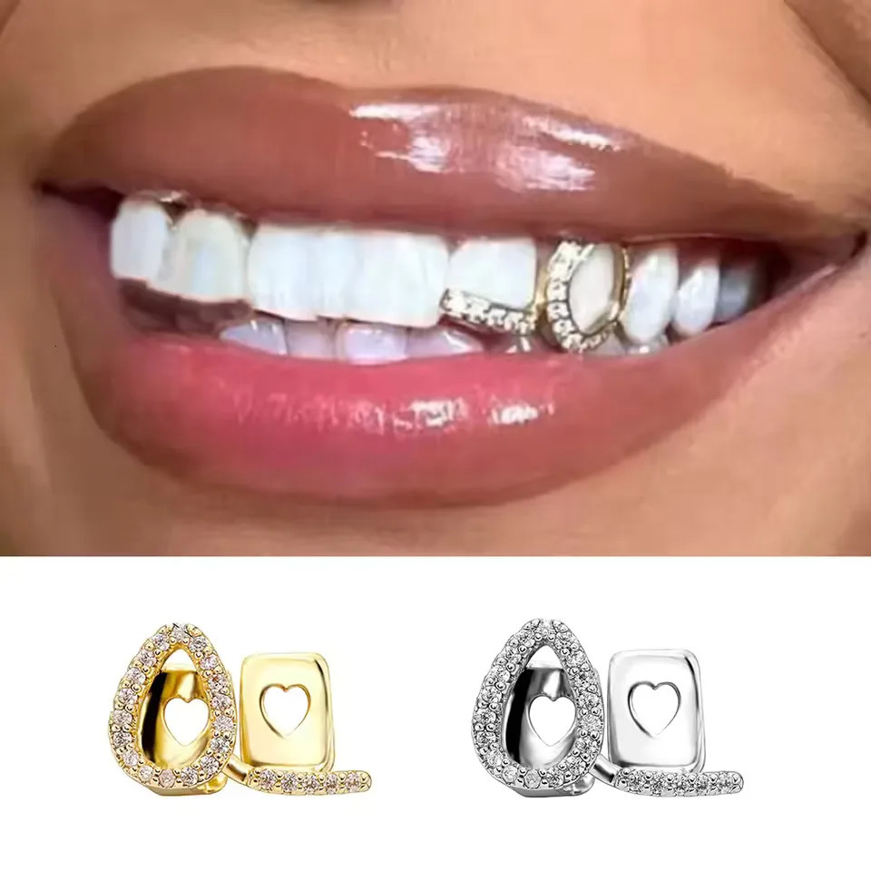 TOP Gold Silver Color Horizontal Bar Hollow Flame Zircon Teeth Hip Hop CZ Stone Tooth Grills For Women Men Jewelry 250901