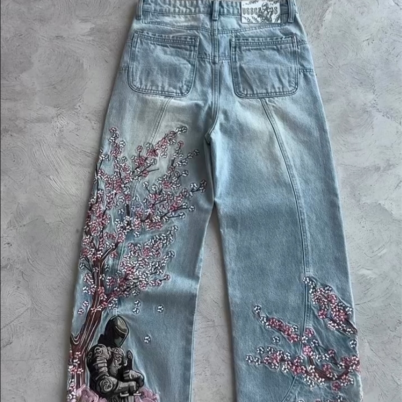Men Women Cherry Blossom Knight All Embroidery Denim Pants Y2k Vintage Baggy Street Straight Jeans High Waisted Washed Blue Jean yy250901