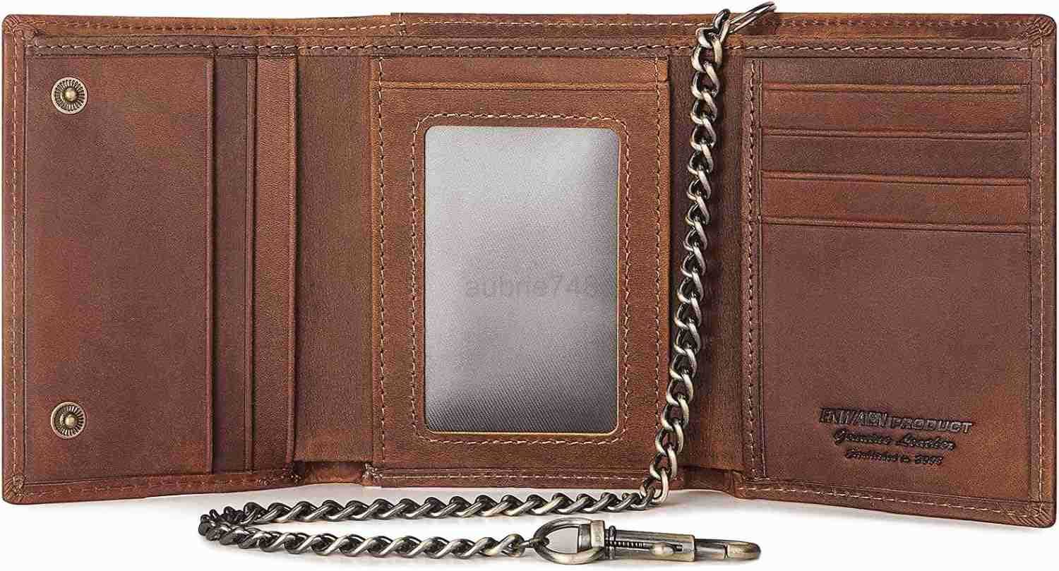 Mens Wallet with Chain Genuine Leather Trifold Wallet RFID Blocking AntiTheft Chain for Biker MotorcycleBlackZ250911
