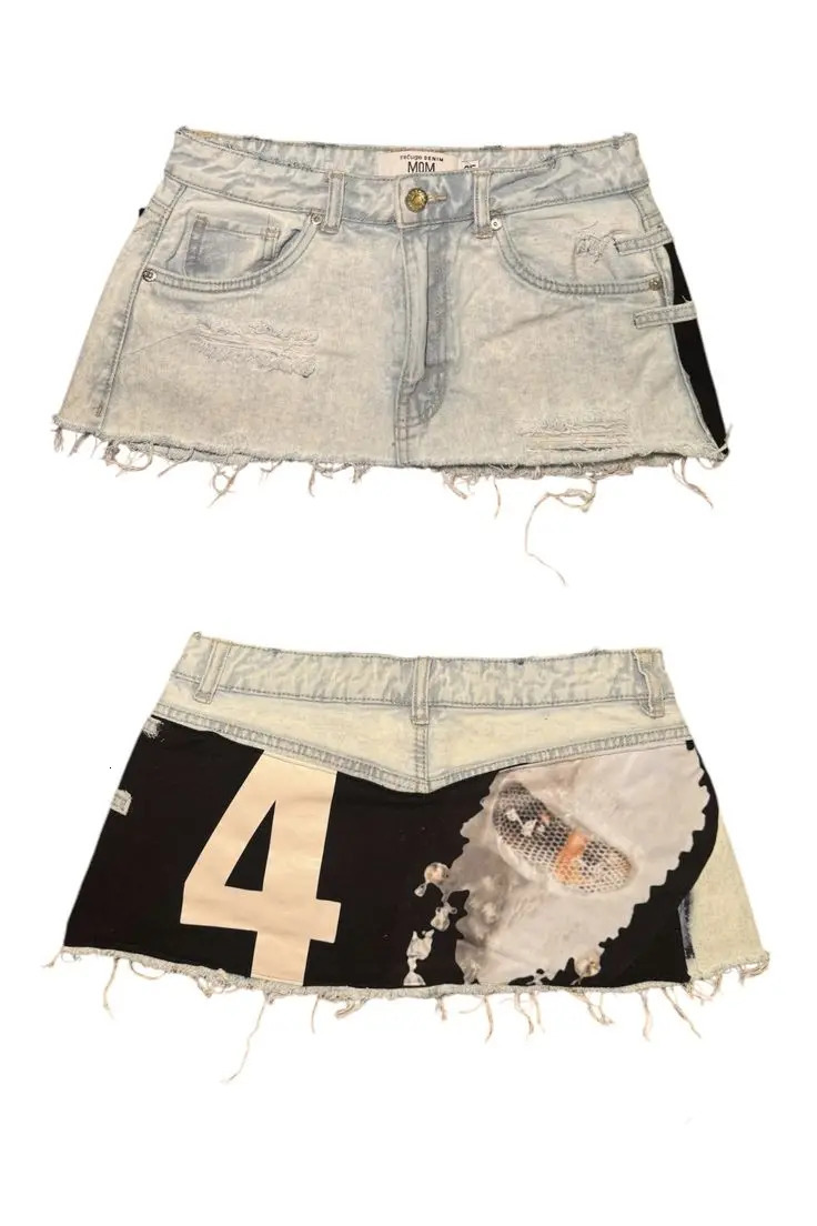 Street Style Womens Light Blue Denim Mini Skirt with Ripped n Unique Number 4 Graphic Patch Trendy Summer Casual Fashion 250902
