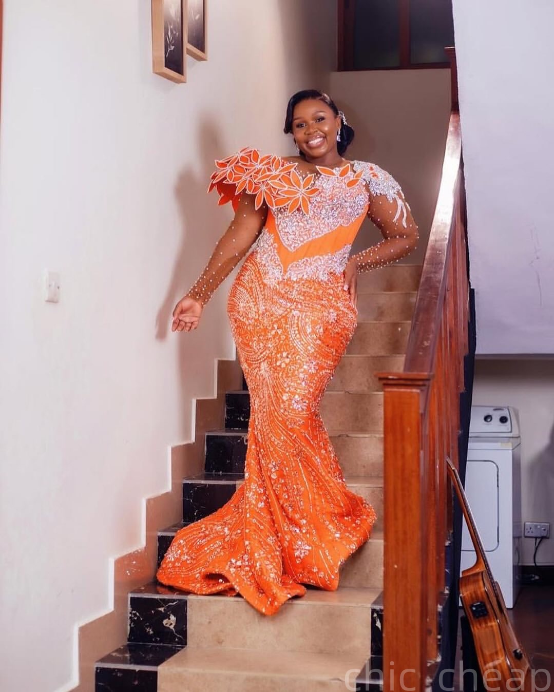 Aso Ebi Mermaid Orange Prom Dresses 2025 Flowers Crystals Lace Sparkly Evening Formal Party Second Birthday Engagement Gowns Plus Size Dress For Speci