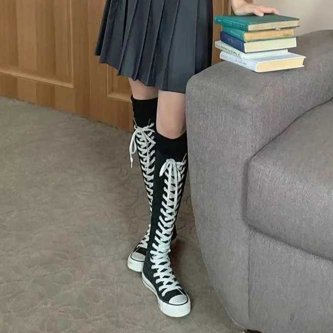 Canvas Long Boots for Women High Top Women Canvas Shoes Lace Up Knee High Boots Flats Casual Vulcanized Shoes Sneakers Girls W250902