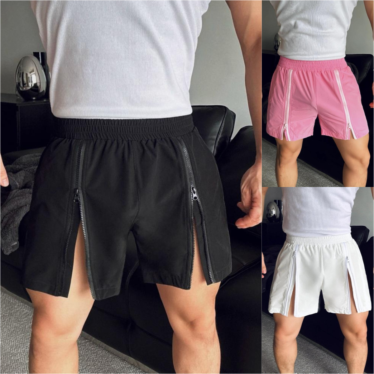 Men's Shorts Summer Sports Fitness Shorts for Men Elastic Waist Double Zipper Thigh Muscles Display Short Pants Beach Casual Quarter Pants