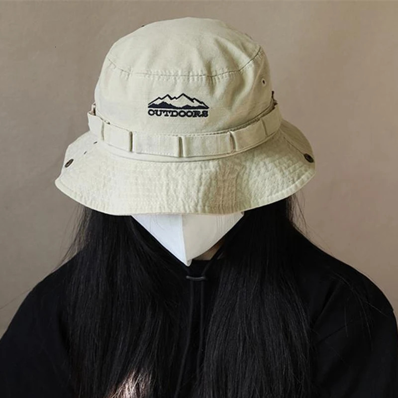 Unisex OUTDOIRS Mountain Range Embroidery Panama Fisherman Hat Outdoor Travel Hat Sunscreen Hats for Men Women Bucket Hat 250901