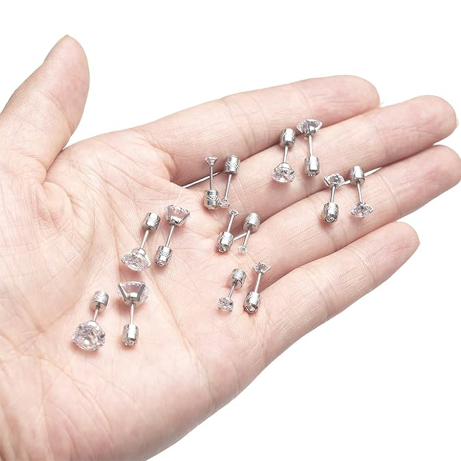 7 Pairs 20G Stainless Steel Stud Earrings Screw Back Round Cubic Zirconia Barbell Earring Set 2MM-8MM Silver Tone