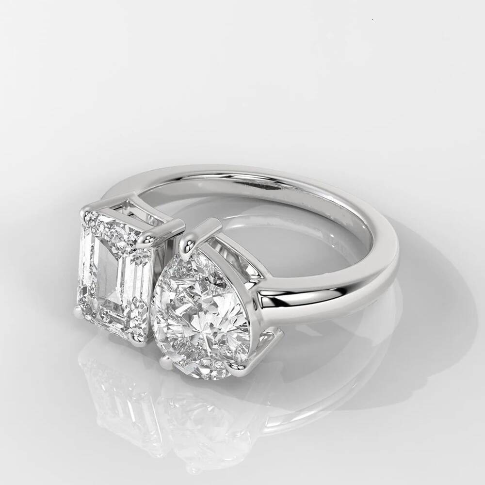 5cttw PearEmerald Cut Moissanite Diamond Engagement Rings for Women Two Stone 925 Sterling Silver Wedding Band with Certificate