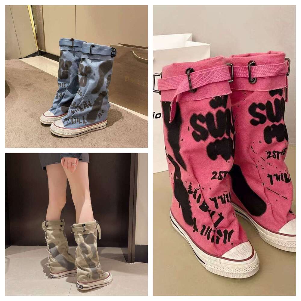 Graffiti High Top Canvas Shoes Women's Spring Wide Mid 2024 New Trouser Barrel Stacking Boots dh5727163
