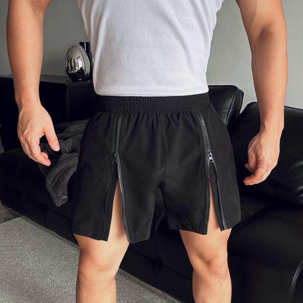 Men's Shorts Summer Sports Fitness Shorts for Men Elastic Waist Double Zipper Thigh Muscles Display Short Pants Beach Casual Quarter Pants