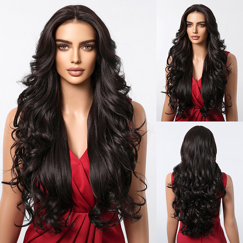 13*6 imported Silk Lace Wigs For Women With Random Parting Dark Brown Long Curly Hair Manufacturers in Stock J56