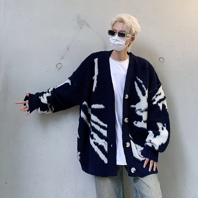 American Style Flocked Cardigan Sweater Knitwear Men Loose Oversize Lazy Style Korean High Street Jacket Trendy 241127
