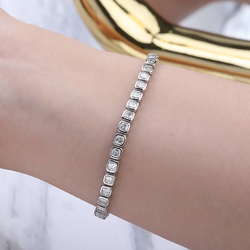 Bezel Set Asscher Cut All Moissanite Tennis Bracelets for Women 925 Sterling Silver Lab Diamond Bracelet Bangle with Certificate