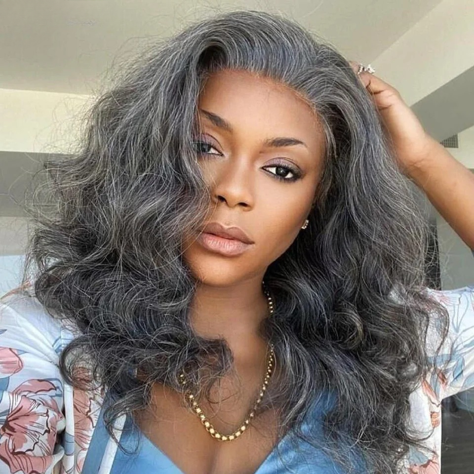 Grey Black Wave Wigs Highlight Human Hair Body Wavy Wigs Gray High Density13x4 Lace Frontal Wig for Women Pre-Cut Glueless Grey Salt and Pepper