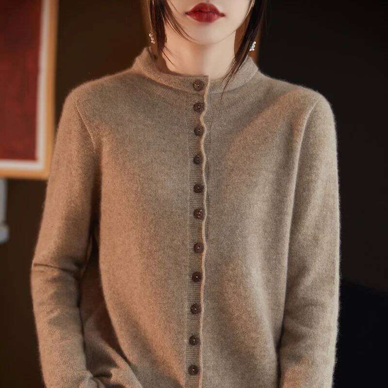 Autumn Winter 100% Wool Thicken Shirt Sweater Women Curled Round Neck Knitted Cardigan Female Multi Buckle Casual Warm Soft Top 050902