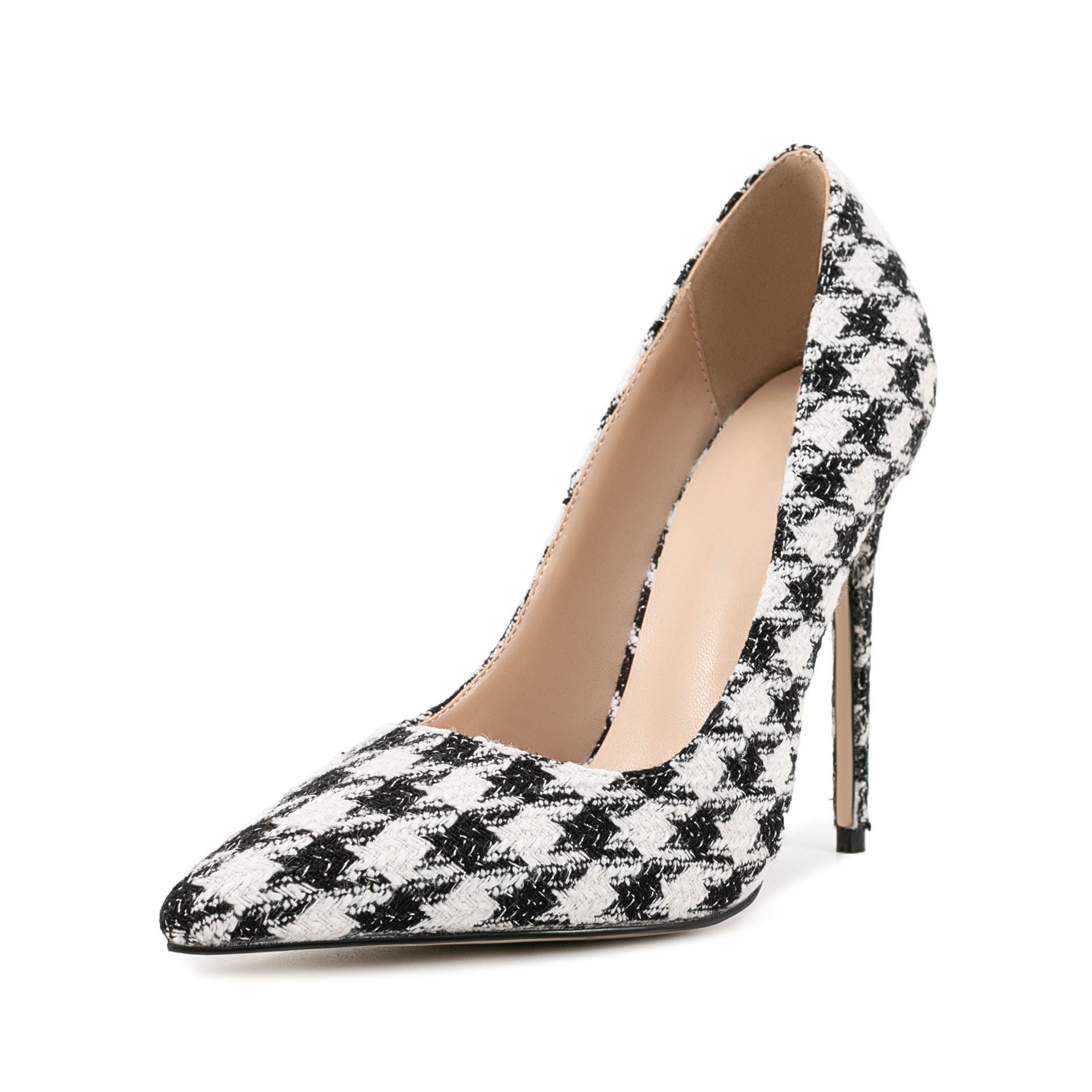 Chengdu Handmade Checkered Pointed Toe Stiletto Pumps - 12cm Runway Model Heels (Black/White) Party Performance Dress Shoes