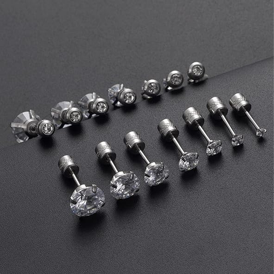 7 Pairs 20G Stainless Steel Stud Earrings Screw Back Round Cubic Zirconia Barbell Earring Set 2MM-8MM Silver Tone