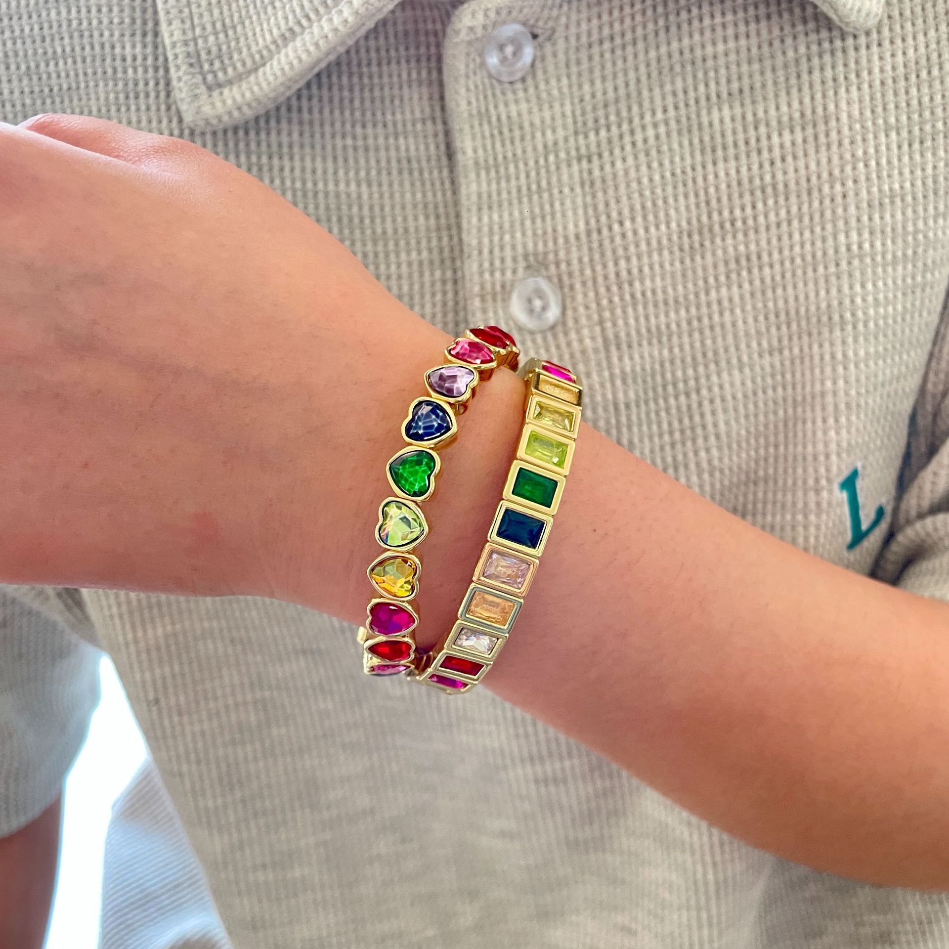 Luxury Brand Designer Jewelry European And American Colorful Fashion Geometric Square Heart Bracelet Elastic Women's Bracelet