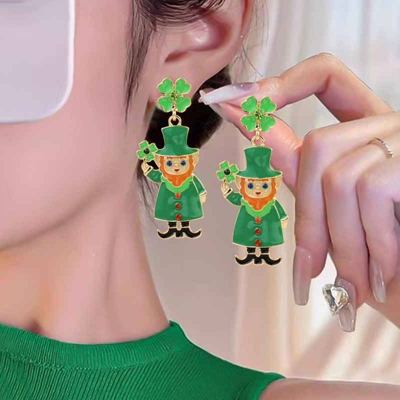 New Arrival Stylish and Versatile St Patrick Green Four leaf Clover Earrings Alloy Enamel filled and Diamond set Ideal for Irish Carnival