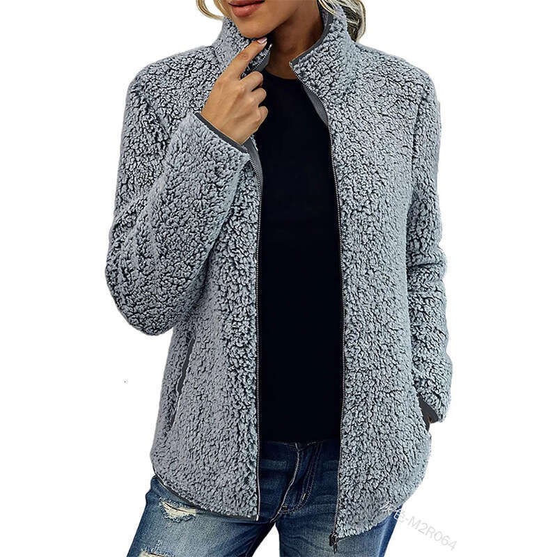 2025 Stand Collar Solid Color Sweatshirt Women's Casual Fashion Long Sleeve Zipper Bubble Fleece Jacket