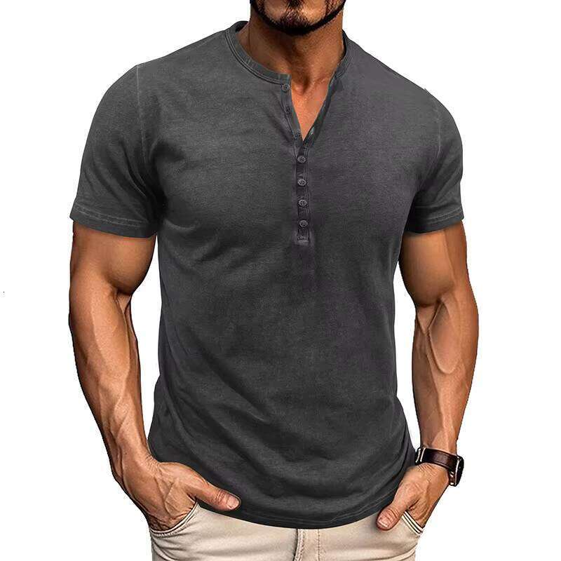 100% Pure Cotton Men's T-Shirt Button Short Sleeve Solid Color Outdoor Commuting 180g Knit Summer Style