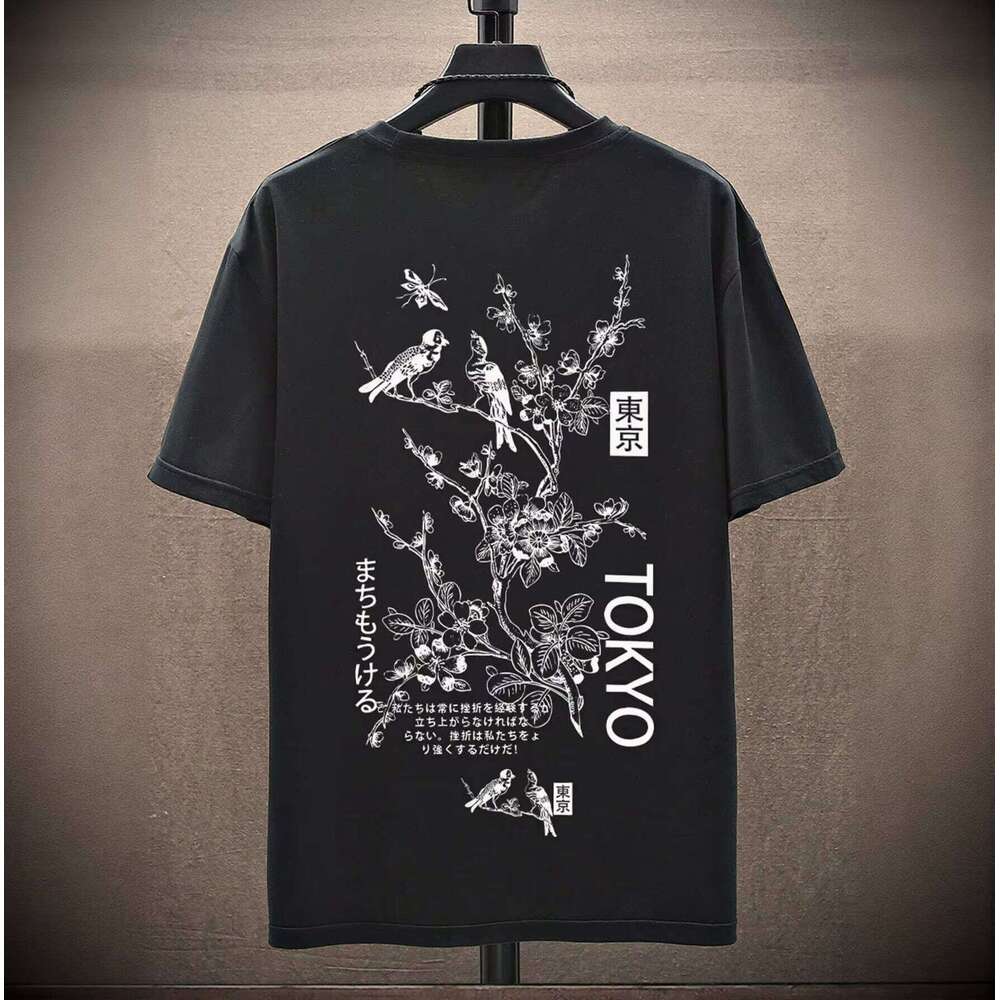 High Quality 100% Cotton Summer Casual Floral Bird Japanese Print Oversized Round Neck Short Sleeve Breathable Men's T-Shirt