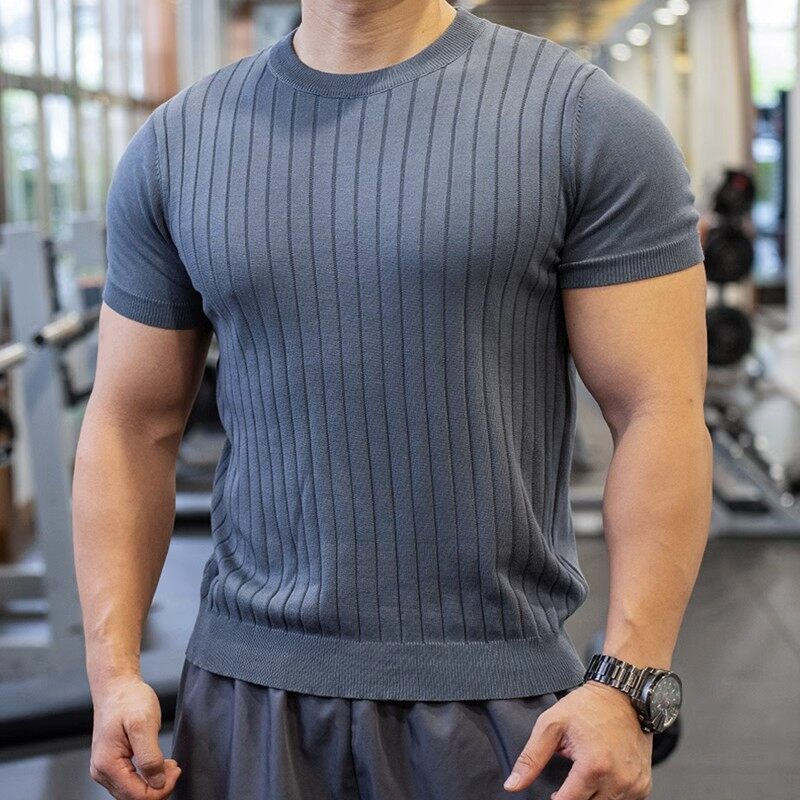 Summer Knitted Striped Short Sleeved T-shirt Men's Sports Fitness Base Shirt Versatile Loose Round Neck Casual Business T-shirt