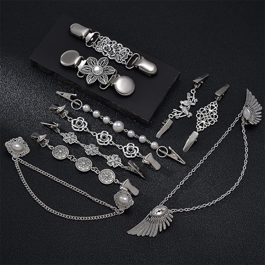 12pcs Vintage Sweater Shawl Clips Retro Cardigan Collar Shirt Waist Dresses Chain Clip Antique Flowers Pattern Brooch Pins Women